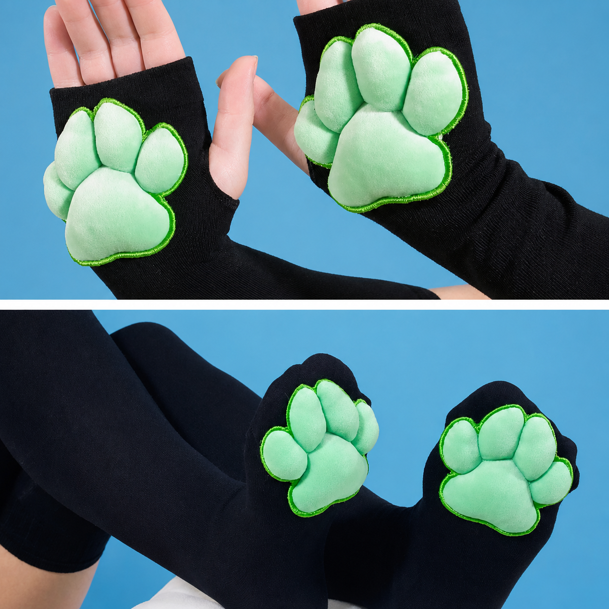 BUNDLE - Paw Pad Socks and Gloves Black with Green Plush Paw Pads