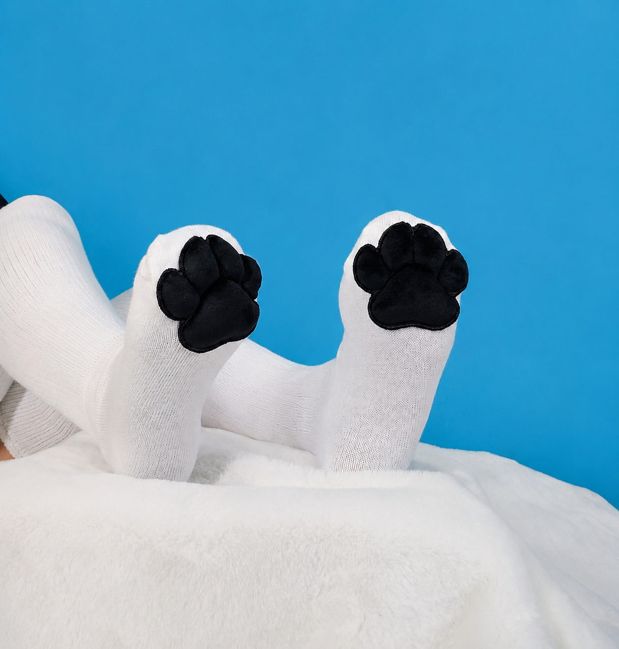 Plush Black Paw Pad Beans on White Thigh High Socks