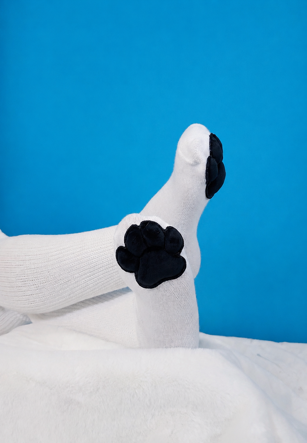 Plush Black Paw Pad Beans on White Thigh High Socks