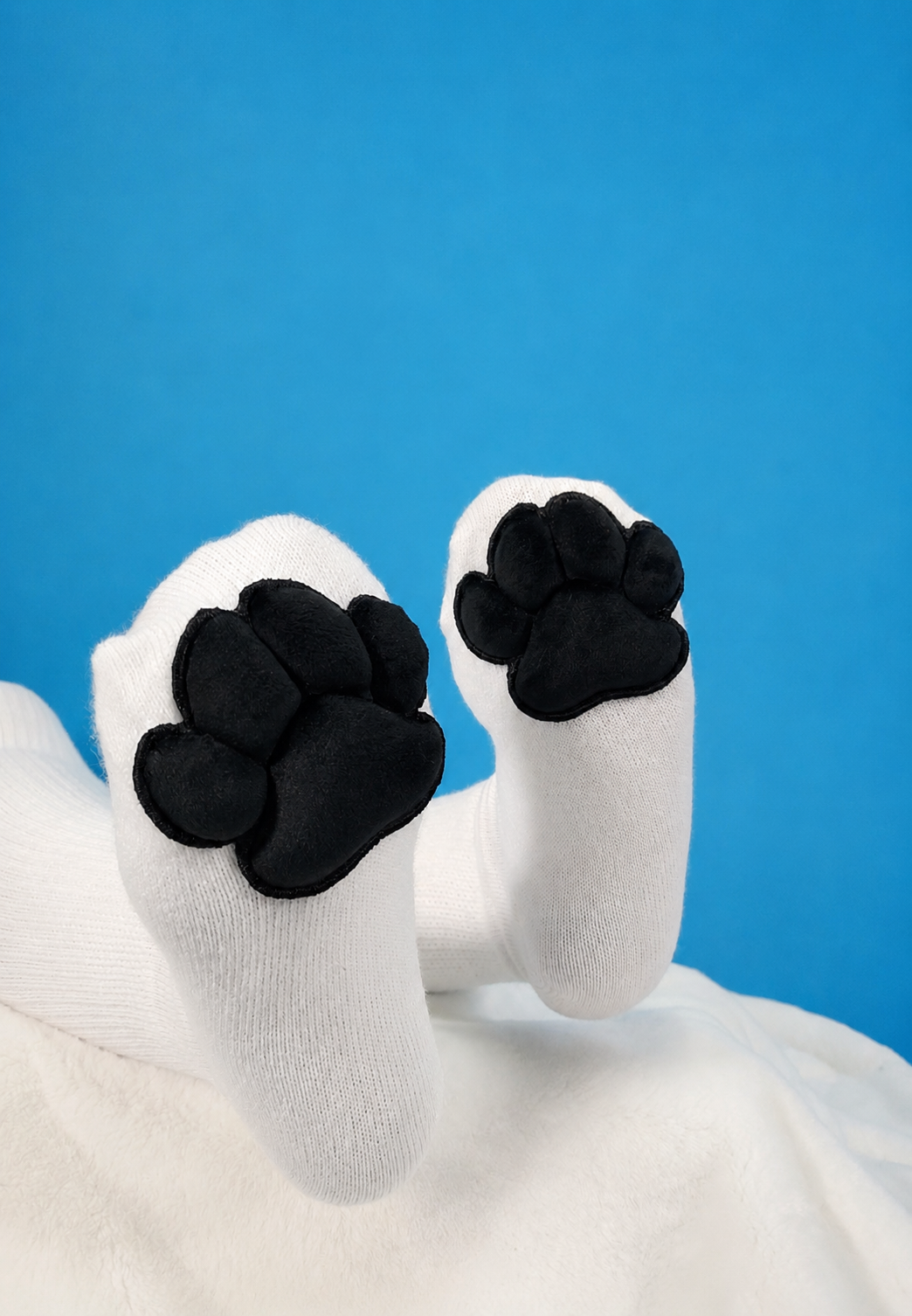 Plush Black Paw Pad Beans on White Thigh High Socks