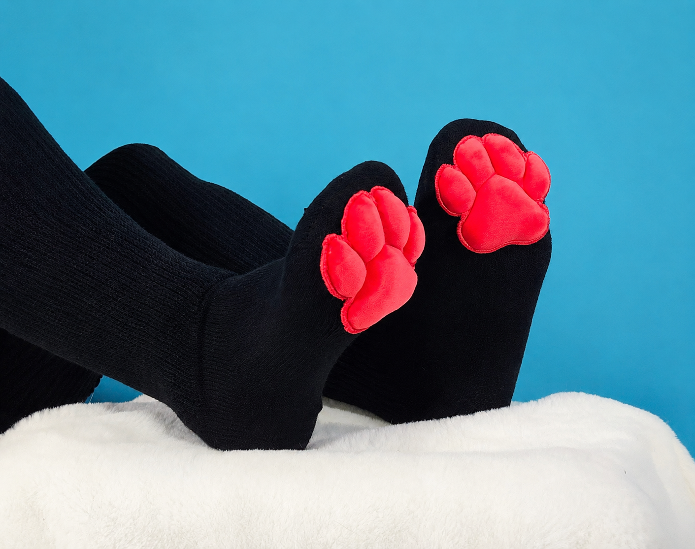 Plush Red Mochi Paw Pad Socks Black Thigh Highs