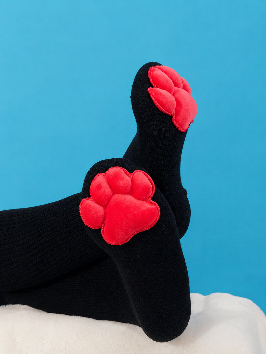 Plush Red Mochi Paw Pad Socks Black Thigh Highs