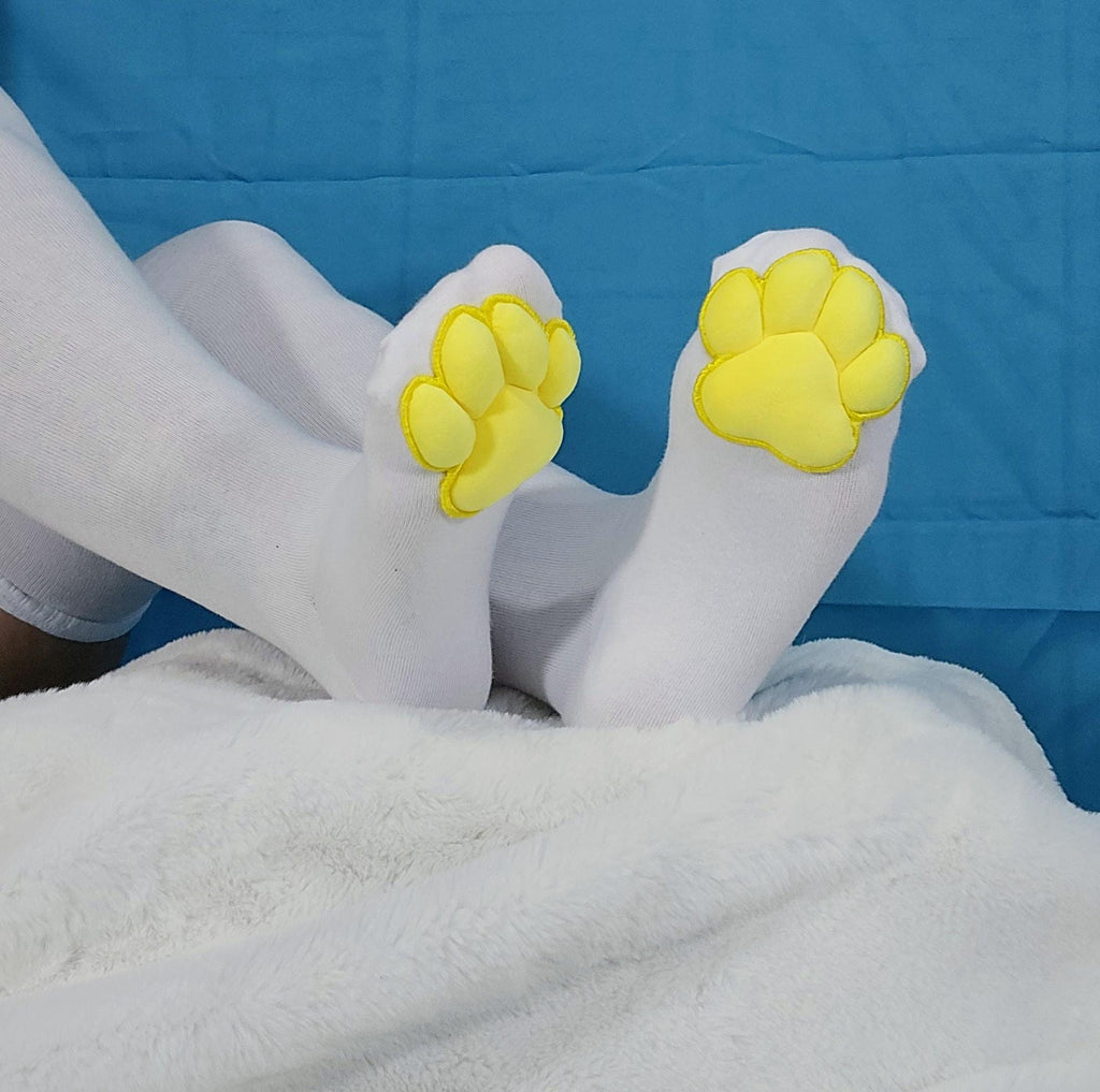 Plush Yellow Mochi Paw Pad Beans White Thigh High Stockings