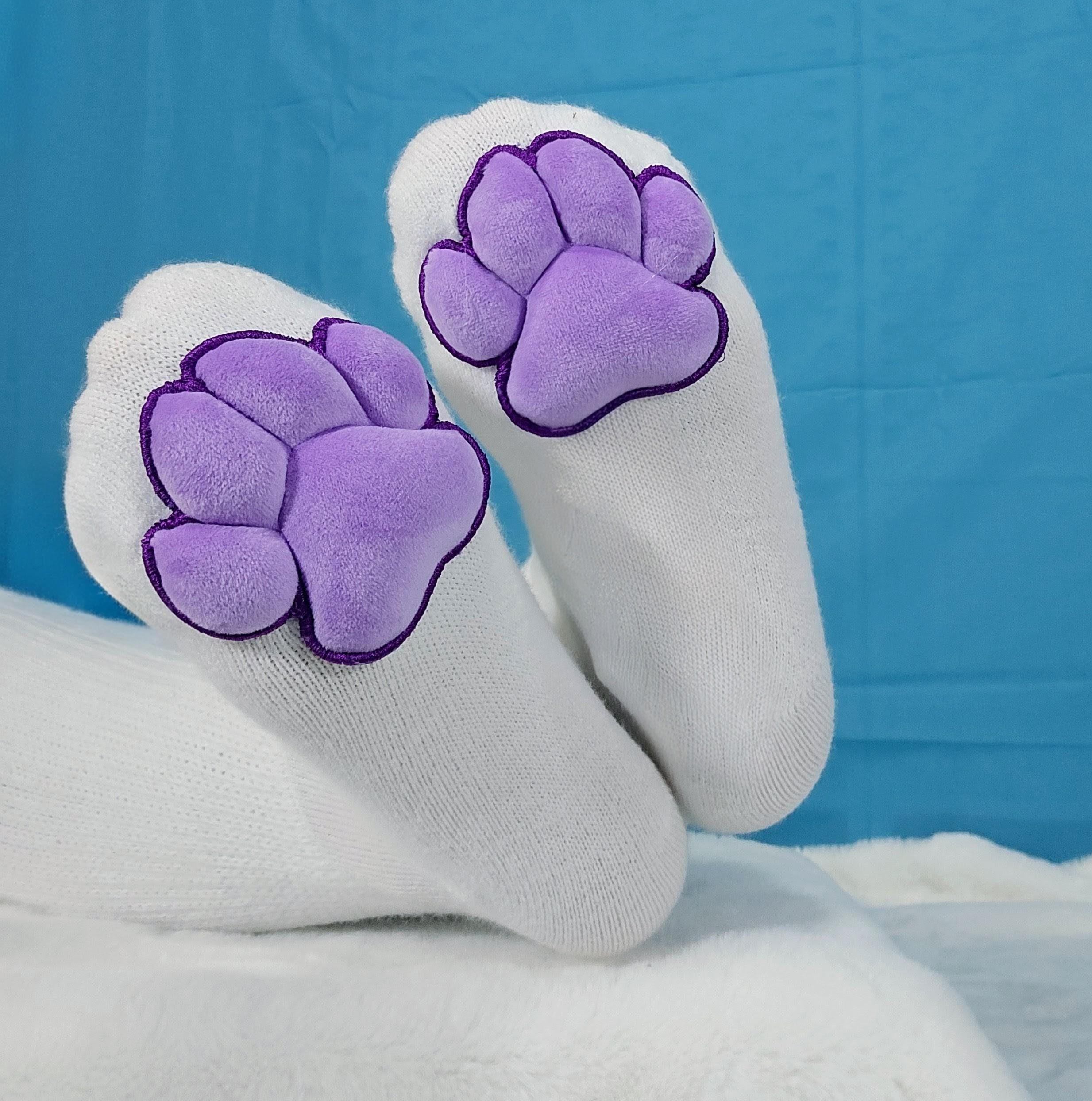 Plush Purple Mochi Paw Pads on White Thigh High Socks