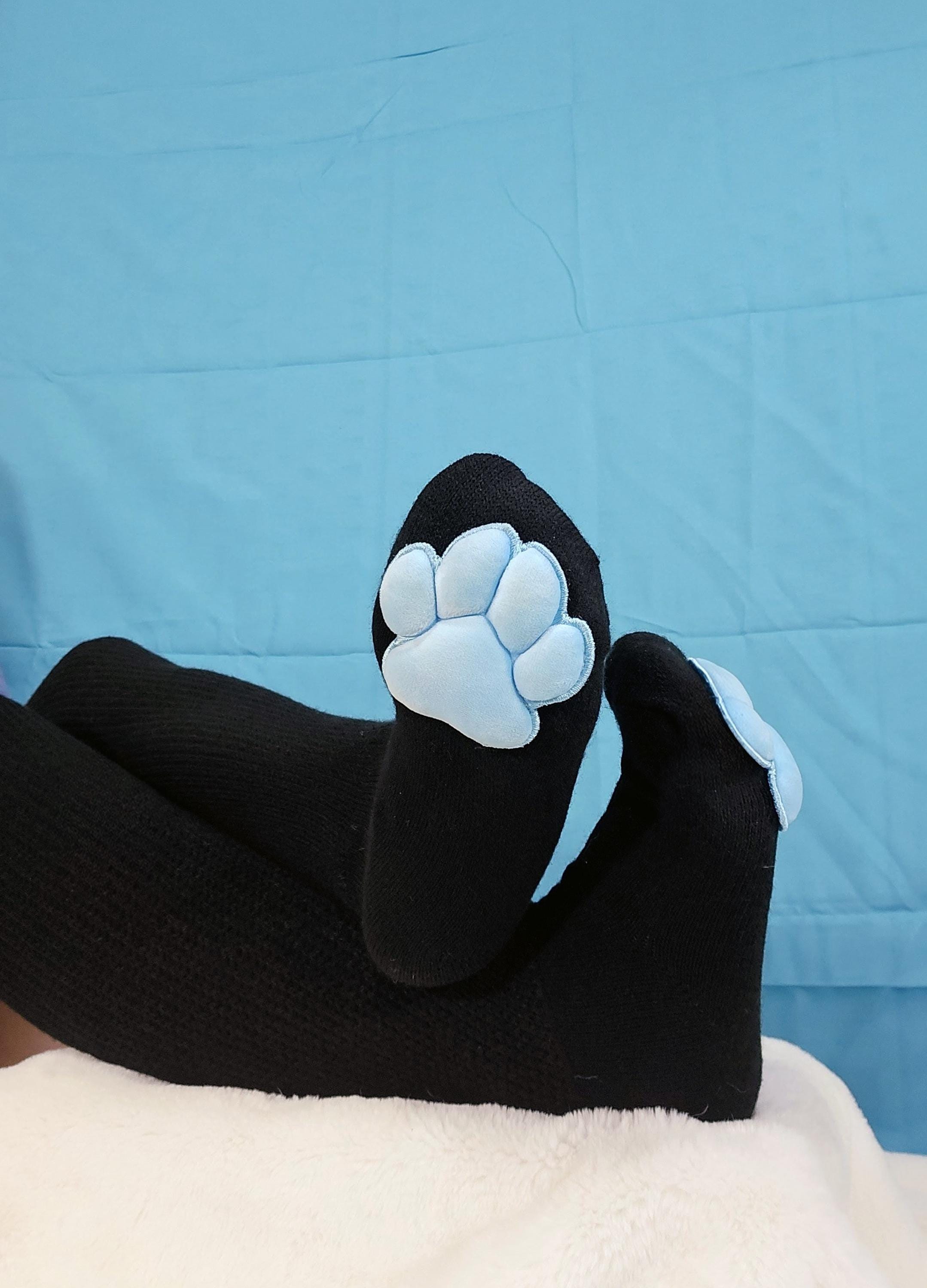 Plush Blue Mochi Paw Pad Socks Black Thigh Highs