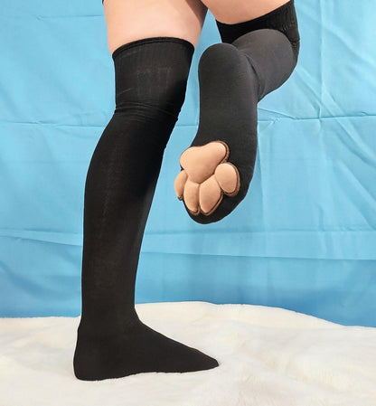 Paw Pad Socks and Gloves Bundle Black Thigh High with Brown Plush Paws