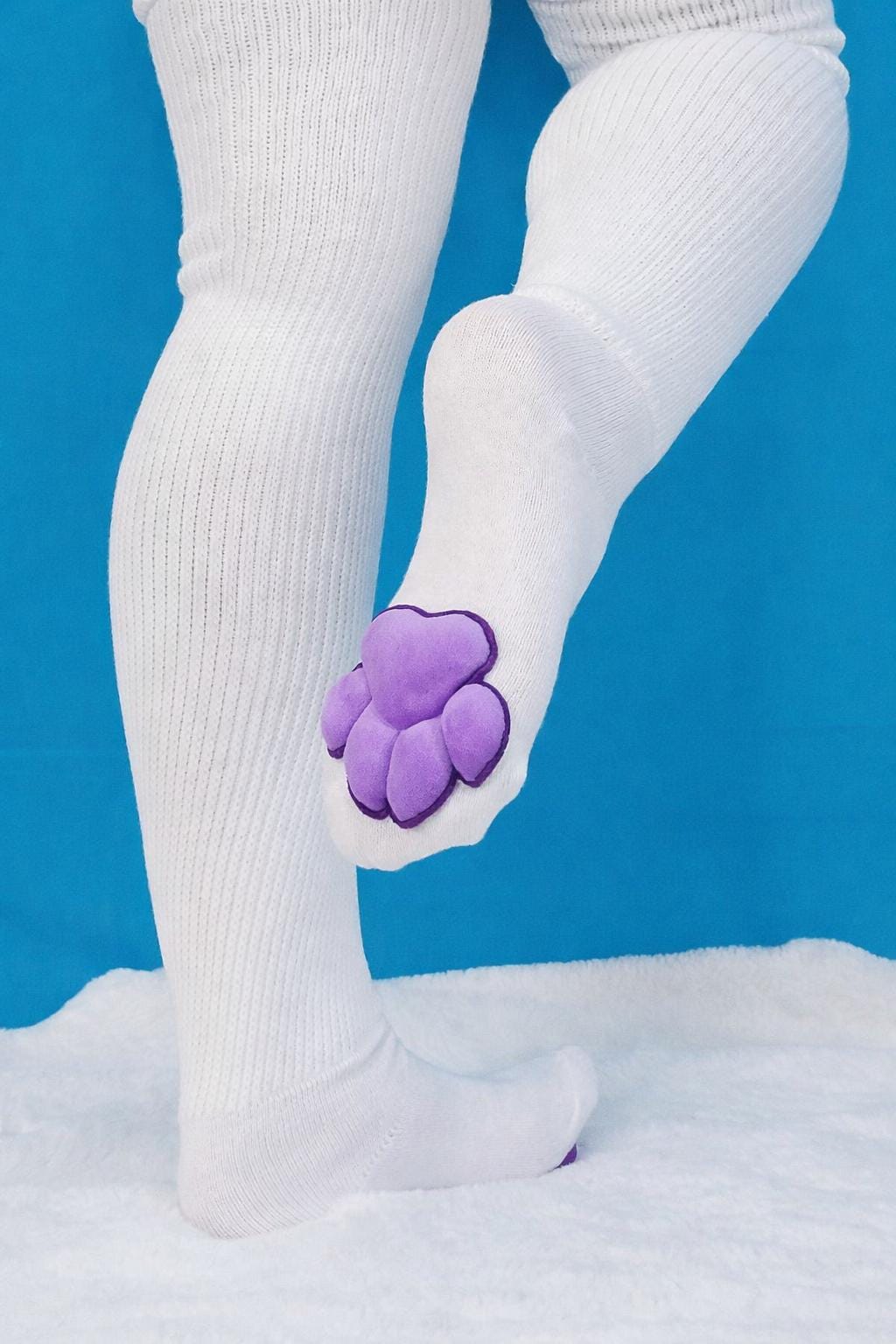 Plush Purple Mochi Paw Pads on White Thigh High Socks