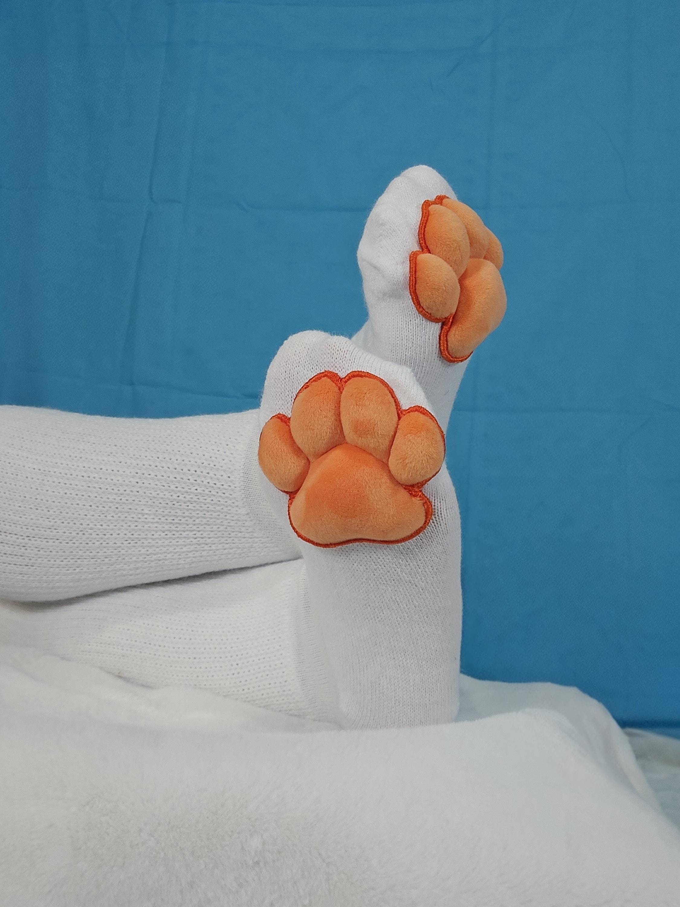 Puffy Orange Mochi Stuffed Cat Paw Pad Bean White Thigh High Stockings