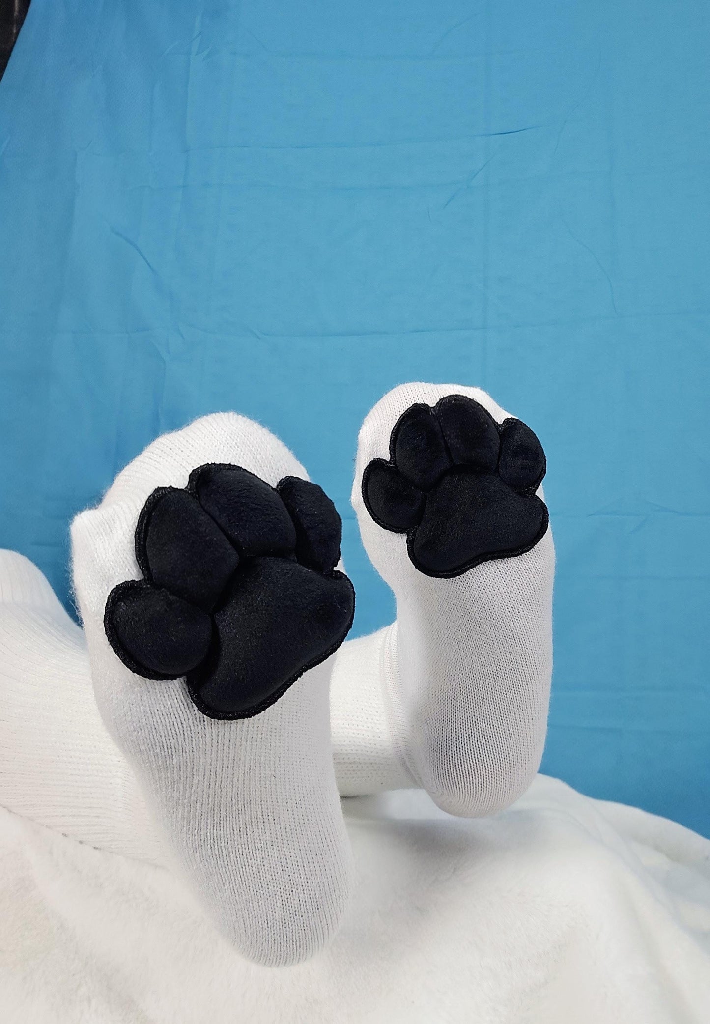 Plush Black Paw Pad Beans on White Thigh High Socks