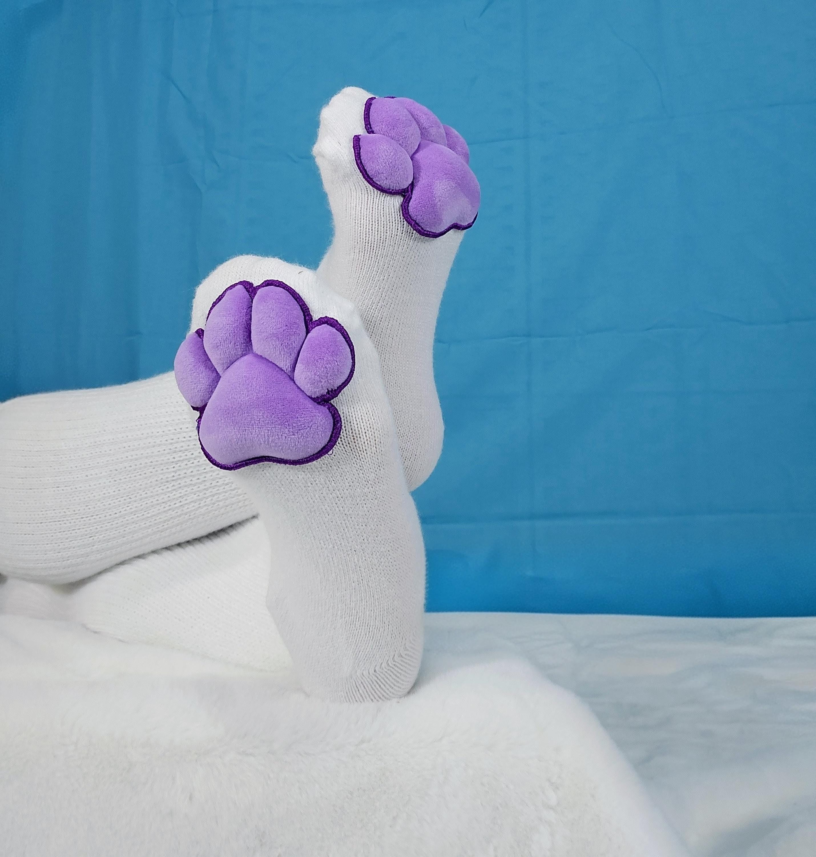 Plush Purple Mochi Paw Pads on White Thigh High Socks