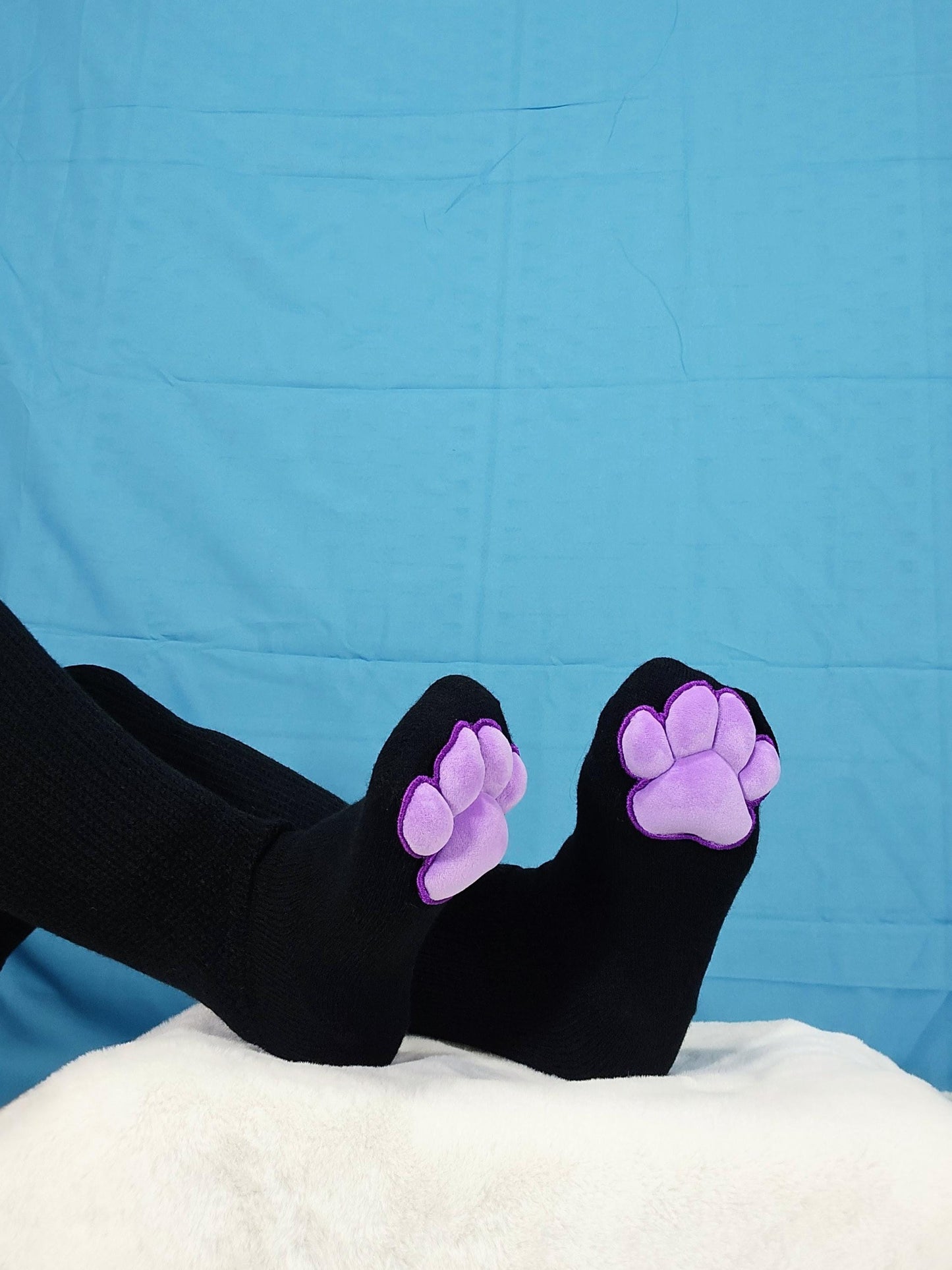 Plush Purple Mochi Paw Pad Socks Black Thigh Highs