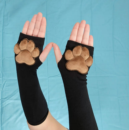 Paw Pad Socks and Gloves Bundle Black Thigh High with Brown Plush Paws