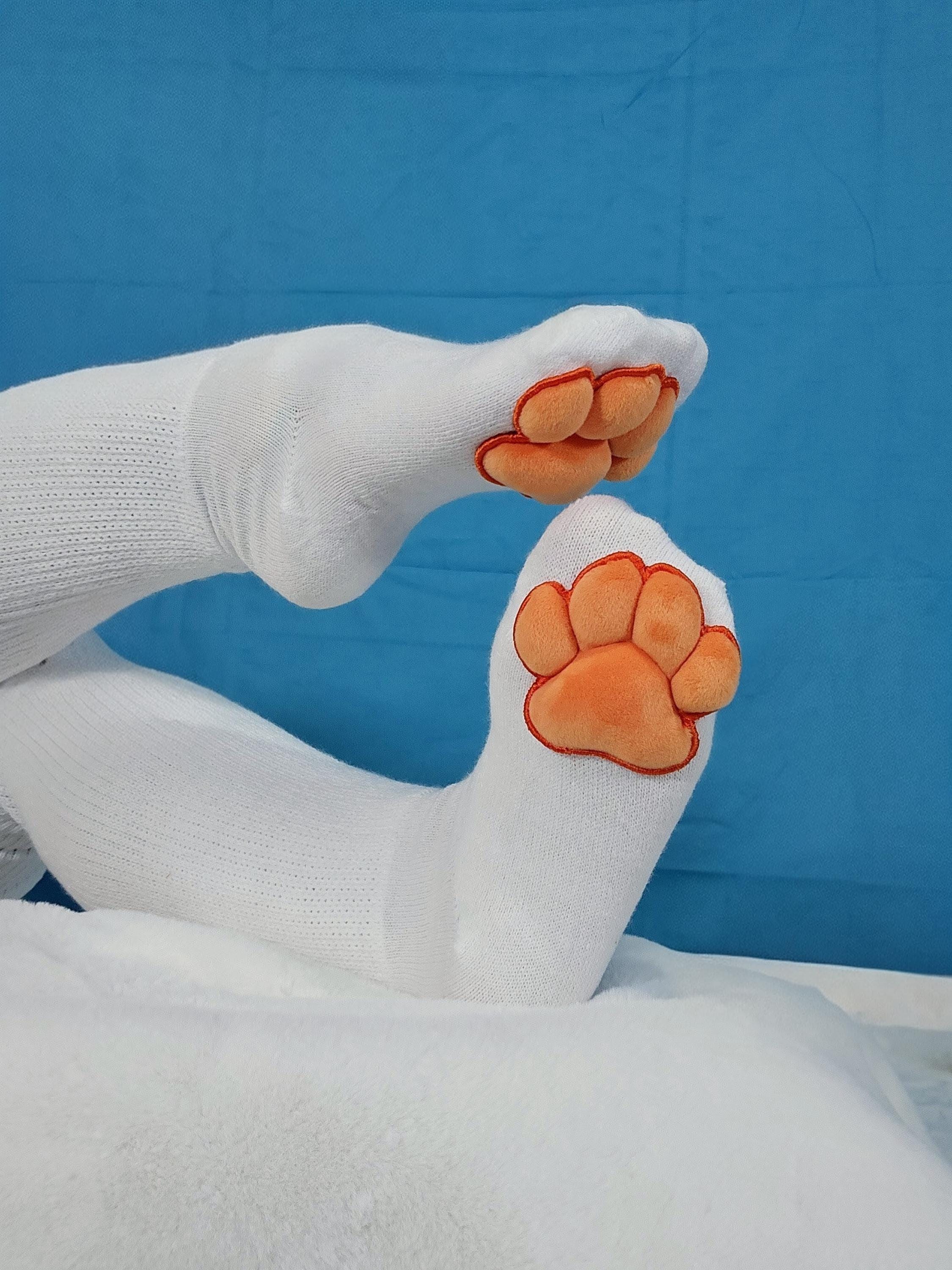 Puffy Orange Mochi Stuffed Cat Paw Pad Bean White Thigh High Stockings