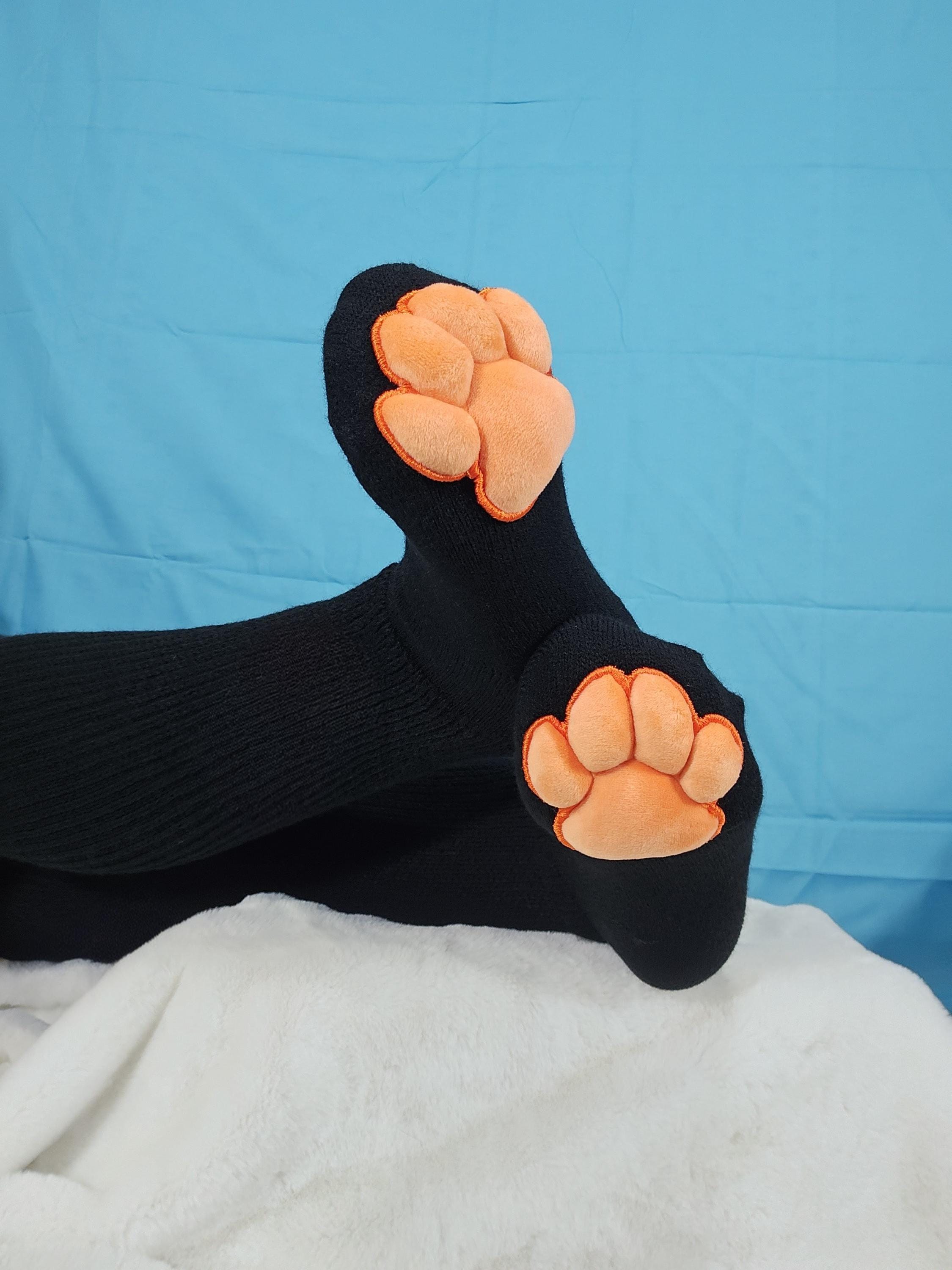 Orange Mochi Plush Paw Pad Sock Black Thigh Highs