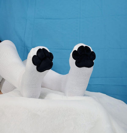 Plush Black Paw Pad Beans on White Thigh High Socks
