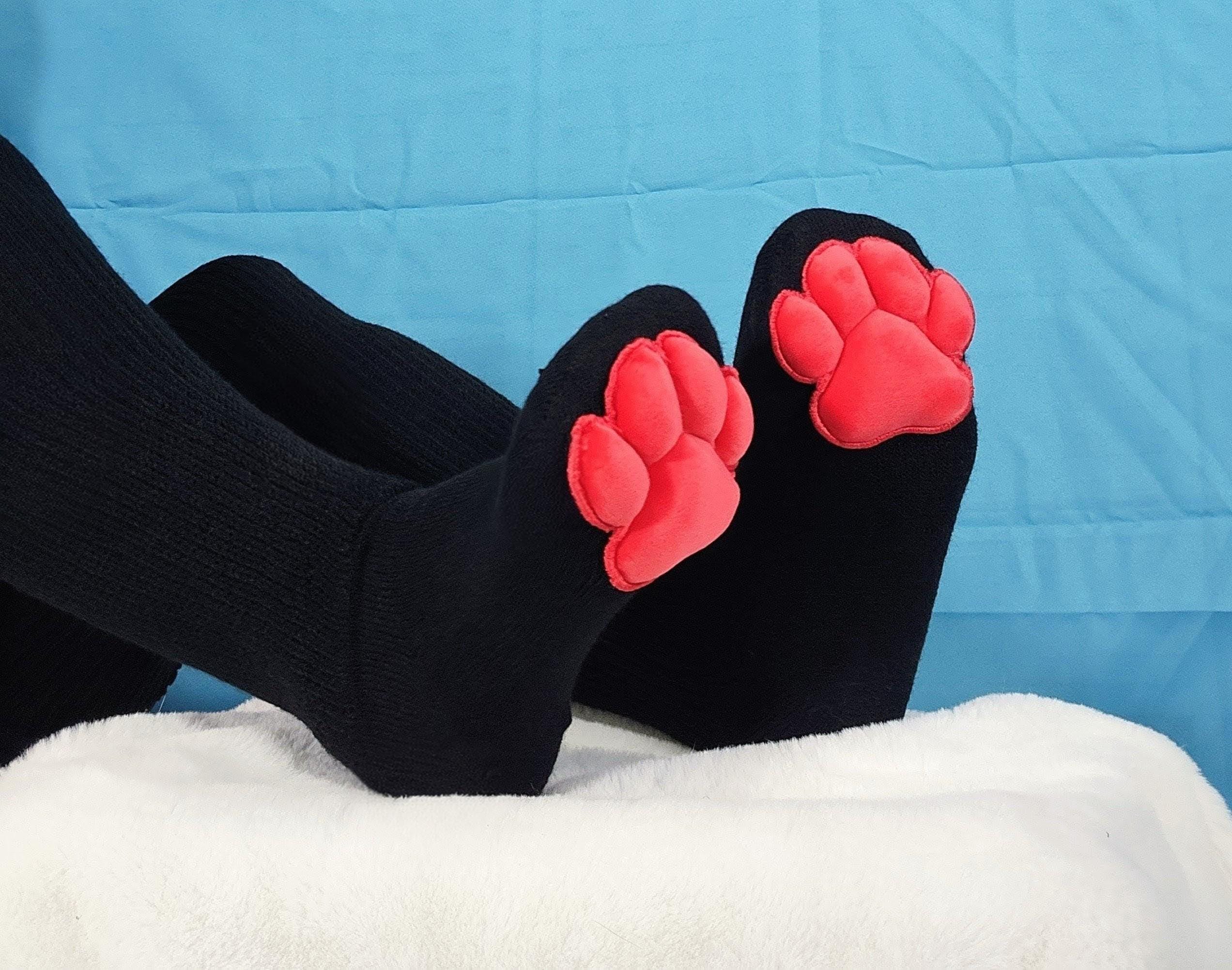 Paw Pad Socks and Gloves Bundle Black Thigh High with Red Plush Paws
