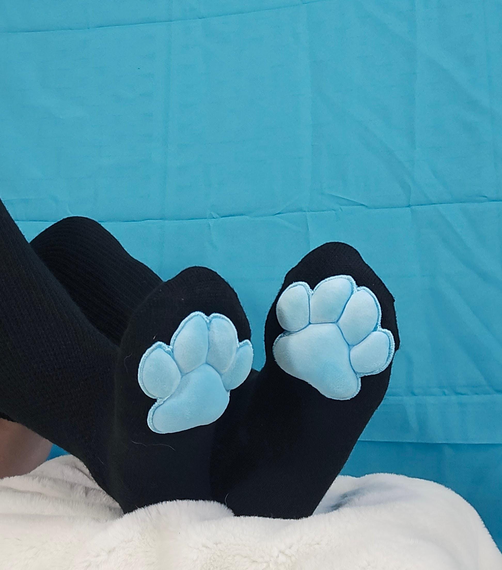 Plush Blue Mochi Paw Pad Socks Black Thigh Highs