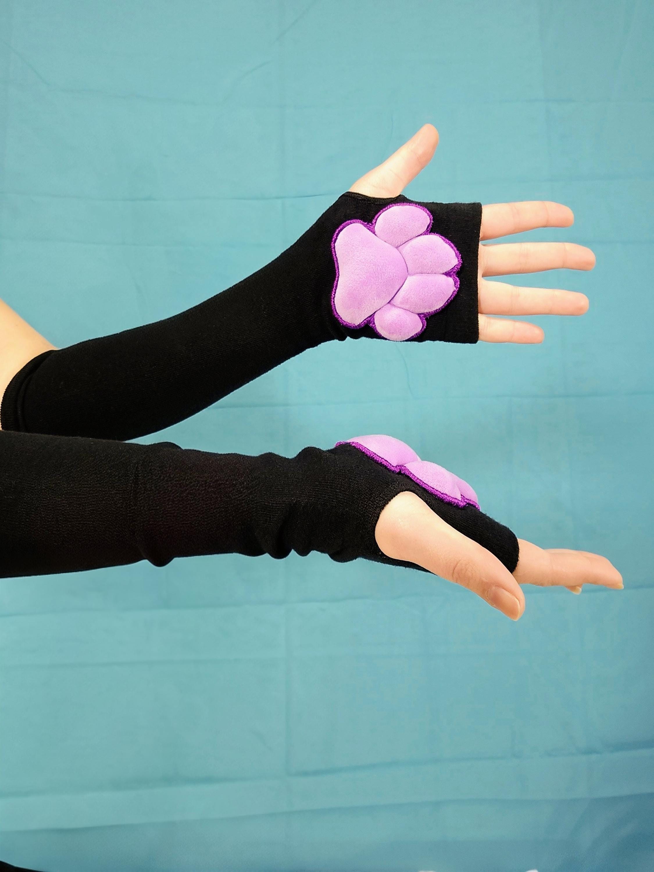 Purple Mochi Stuffed Cat Puffy Pawpad Bean on Black Gloves Furry Cosplay