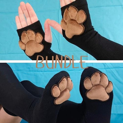 Paw Pad Socks and Gloves Bundle Black Thigh High with Brown Plush Paws
