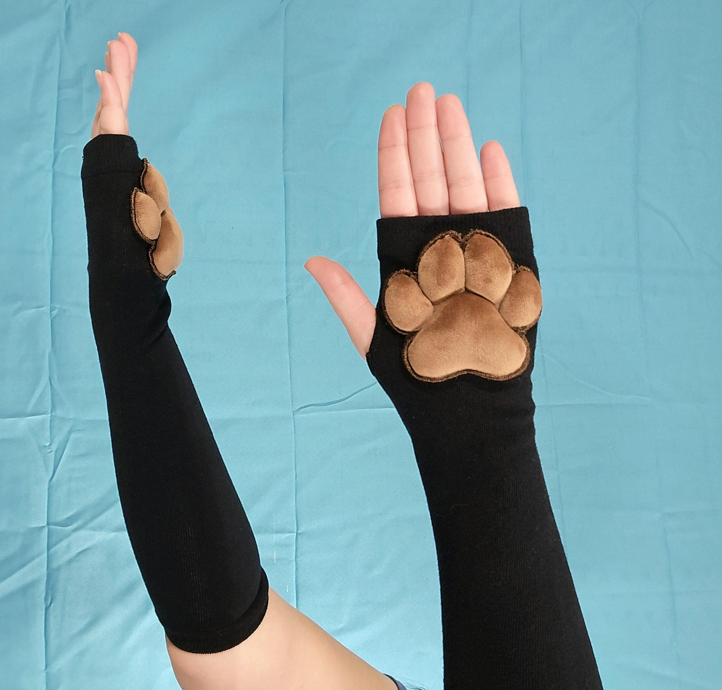 Paw Pad Socks and Gloves Bundle Black Thigh High with Brown Plush Paws