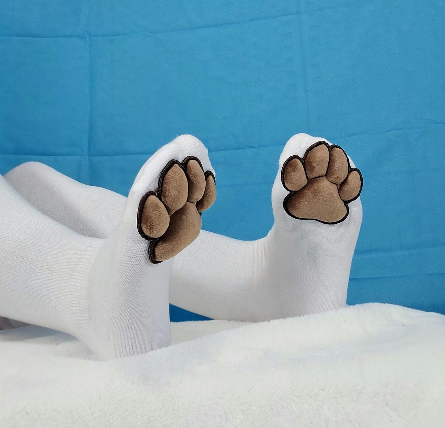 Plush Brown Mochi Paw Pad Beans on White Thigh High Stockings