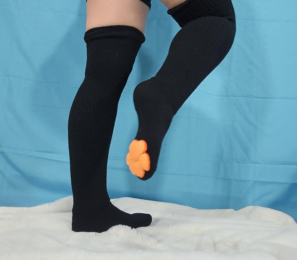 Orange Mochi Plush Paw Pad Sock Black Thigh Highs