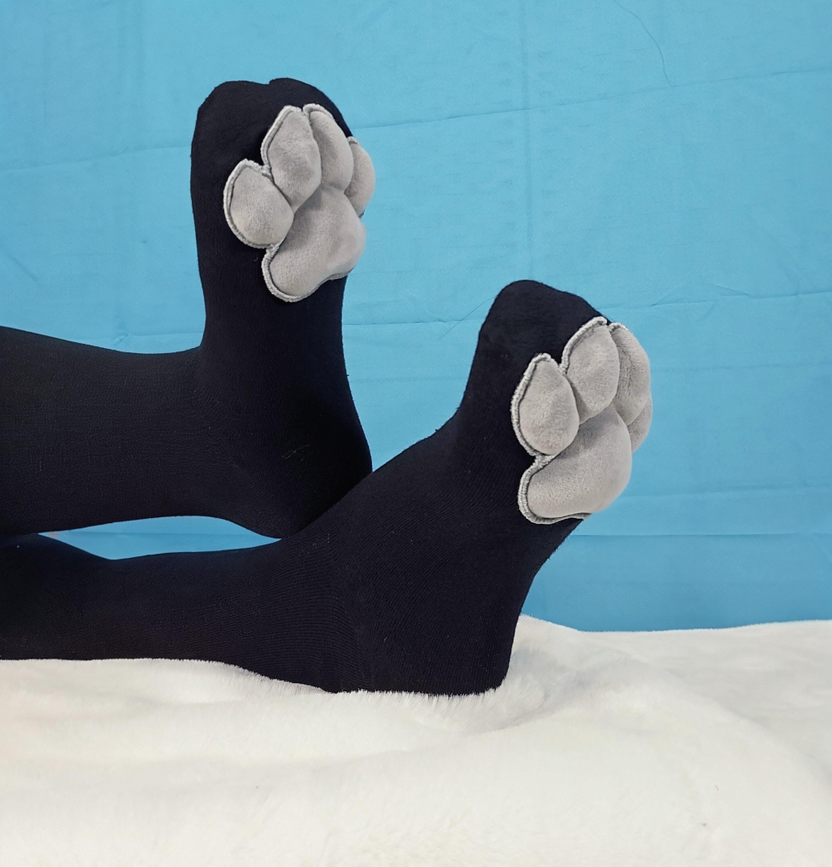 Grey Plush Mochi Paw Pads on Black Thigh High Socks