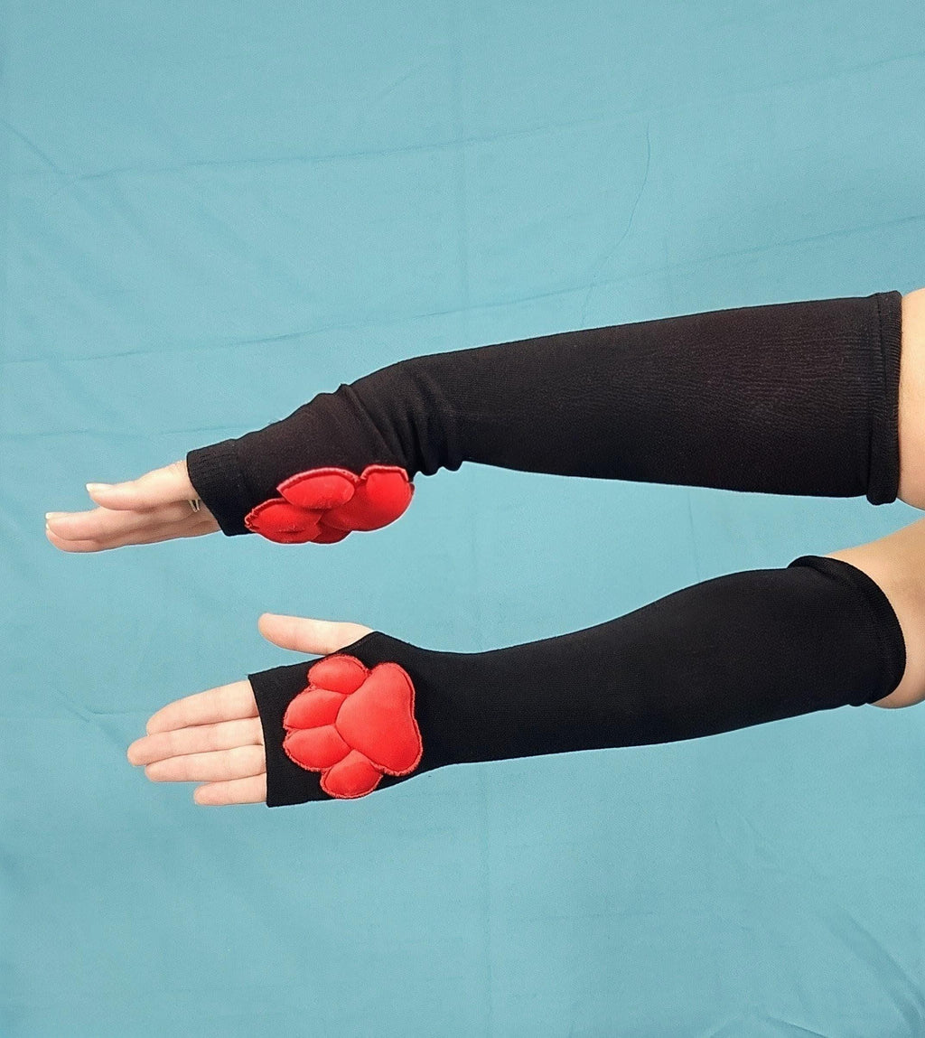 Paw Pad Socks and Gloves Bundle Black Thigh High with Red Plush Paws