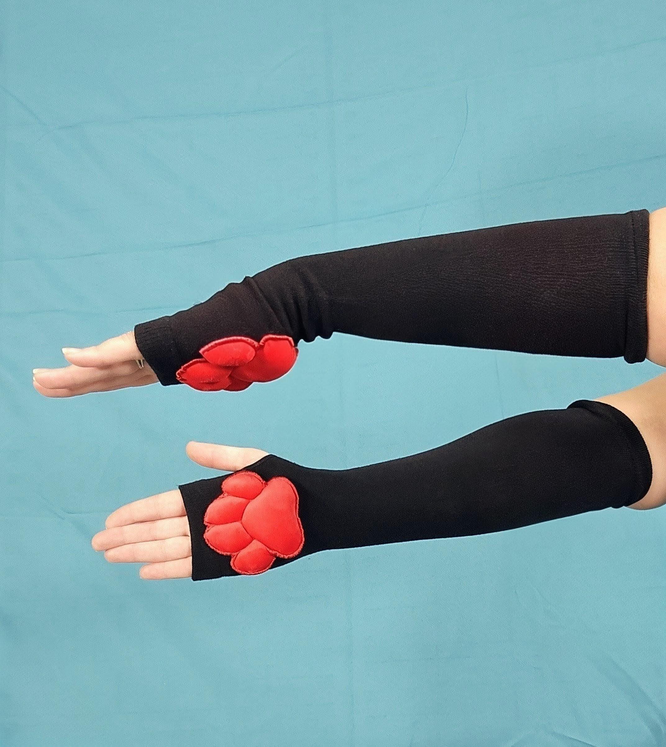 Paw Pad Socks and Gloves Bundle Black Thigh High with Red Plush Paws