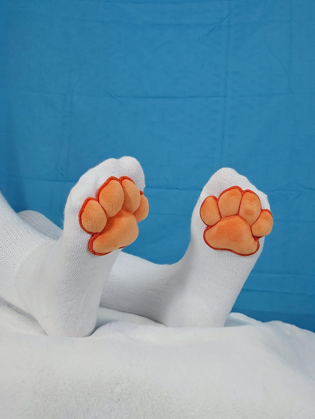Puffy Orange Mochi Stuffed Cat Paw Pad Bean White Thigh High Stockings