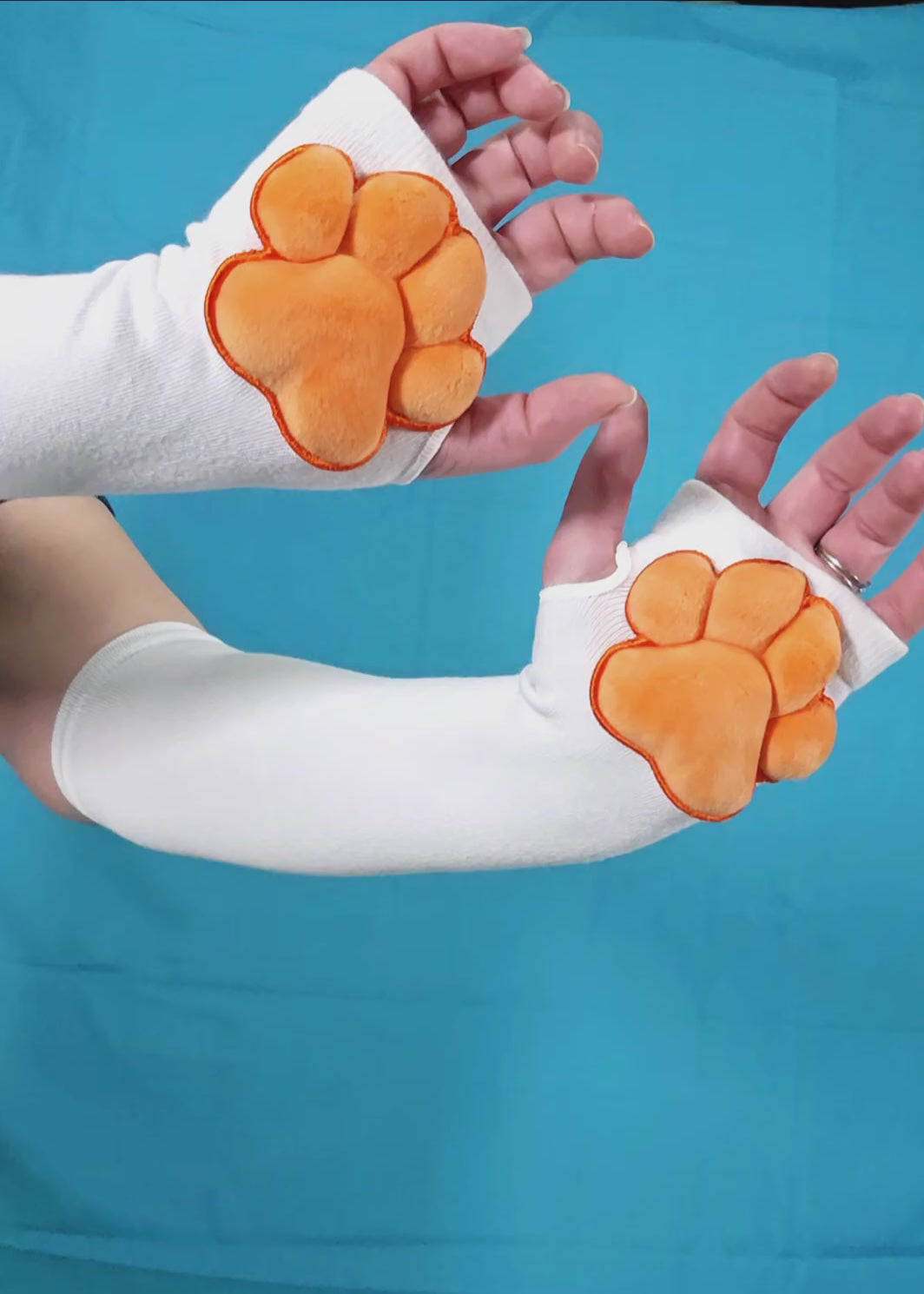 Orange Plush Paw Pads on White Fingerless Gloves for Cosplay Furry