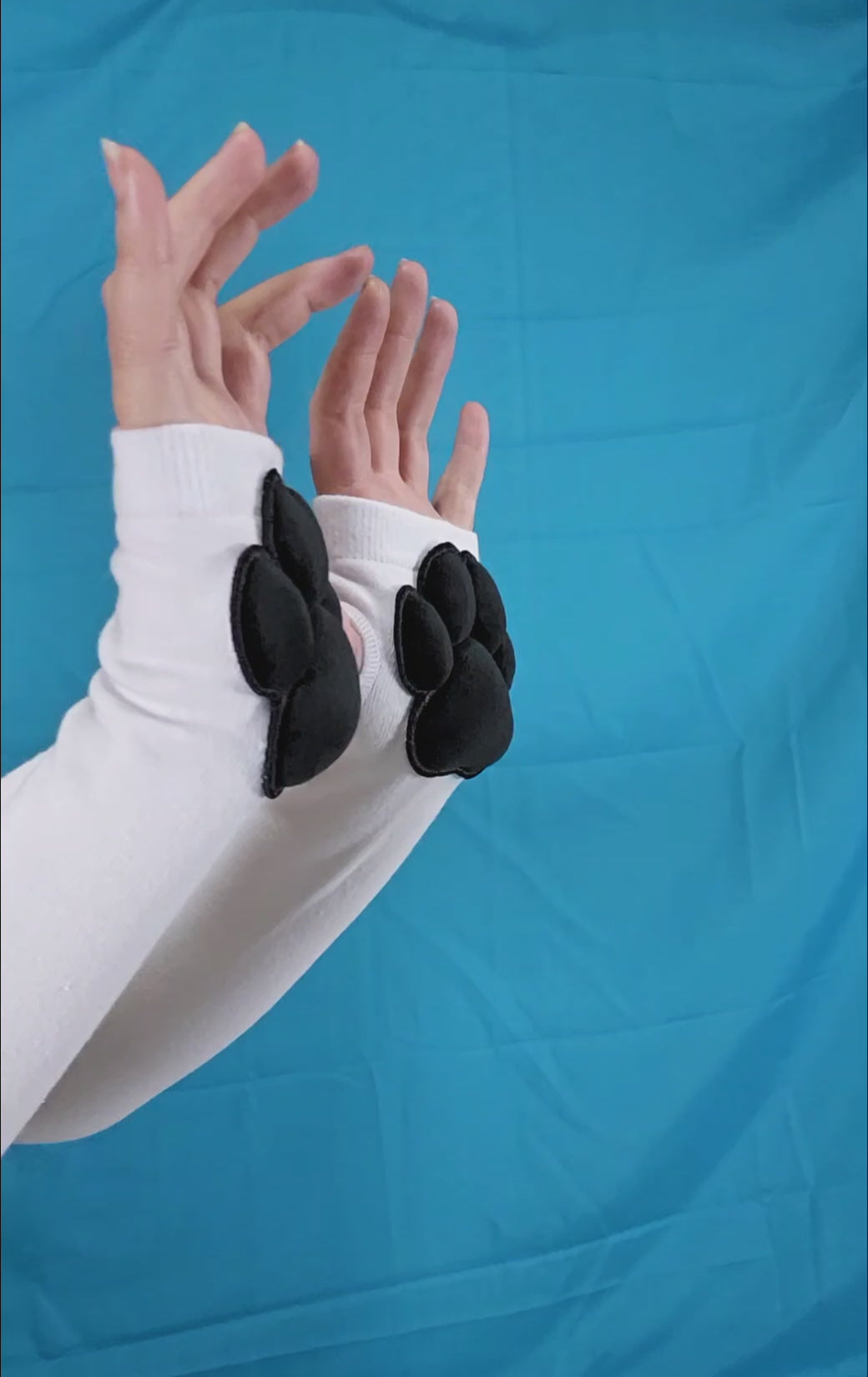 Black Plush Paw Pads on White Fingerless Gloves for Cosplay Furry