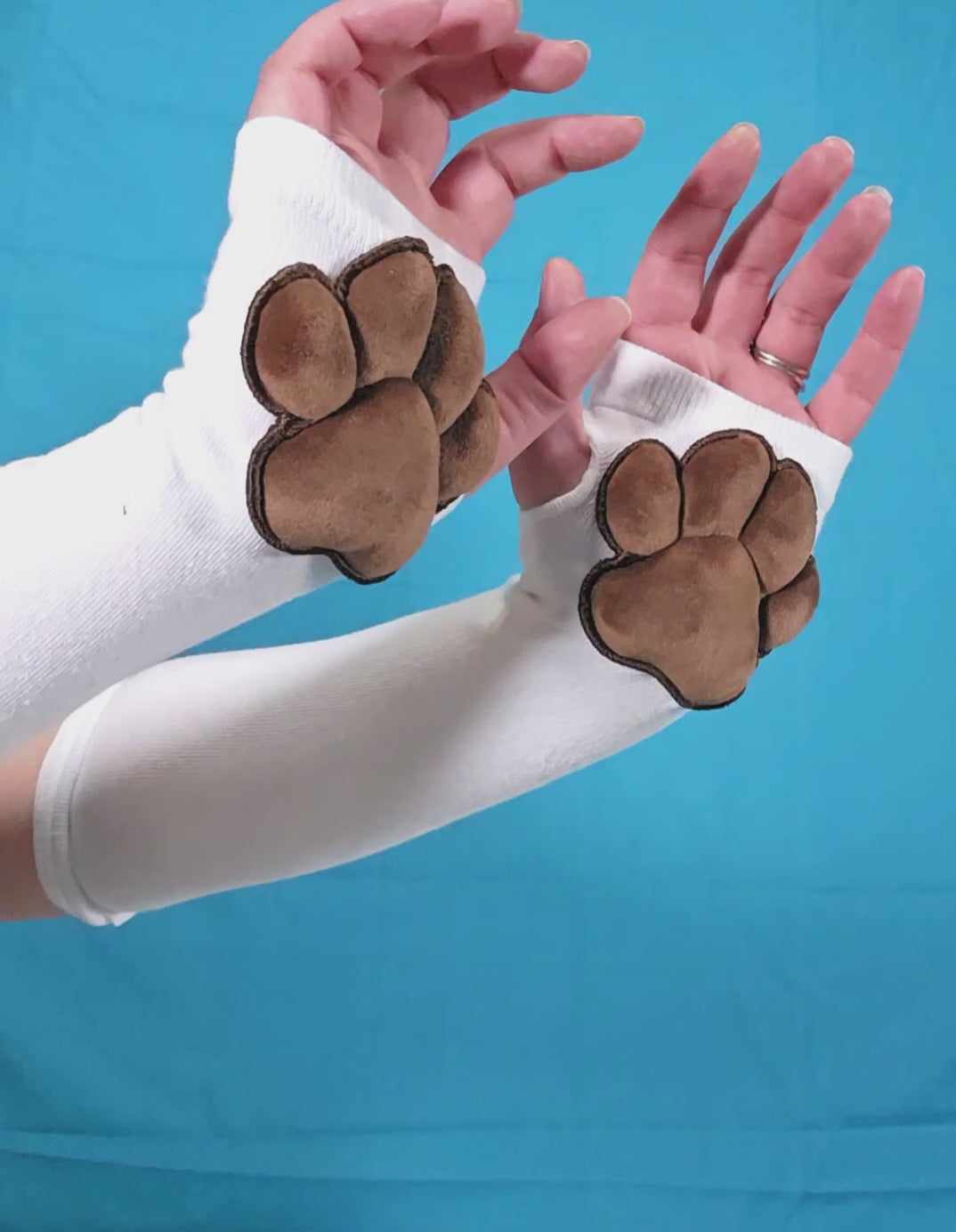 BUNDLE - White Gloves and Thigh High Socks with Brown Plush Bean Cat Paw Pads