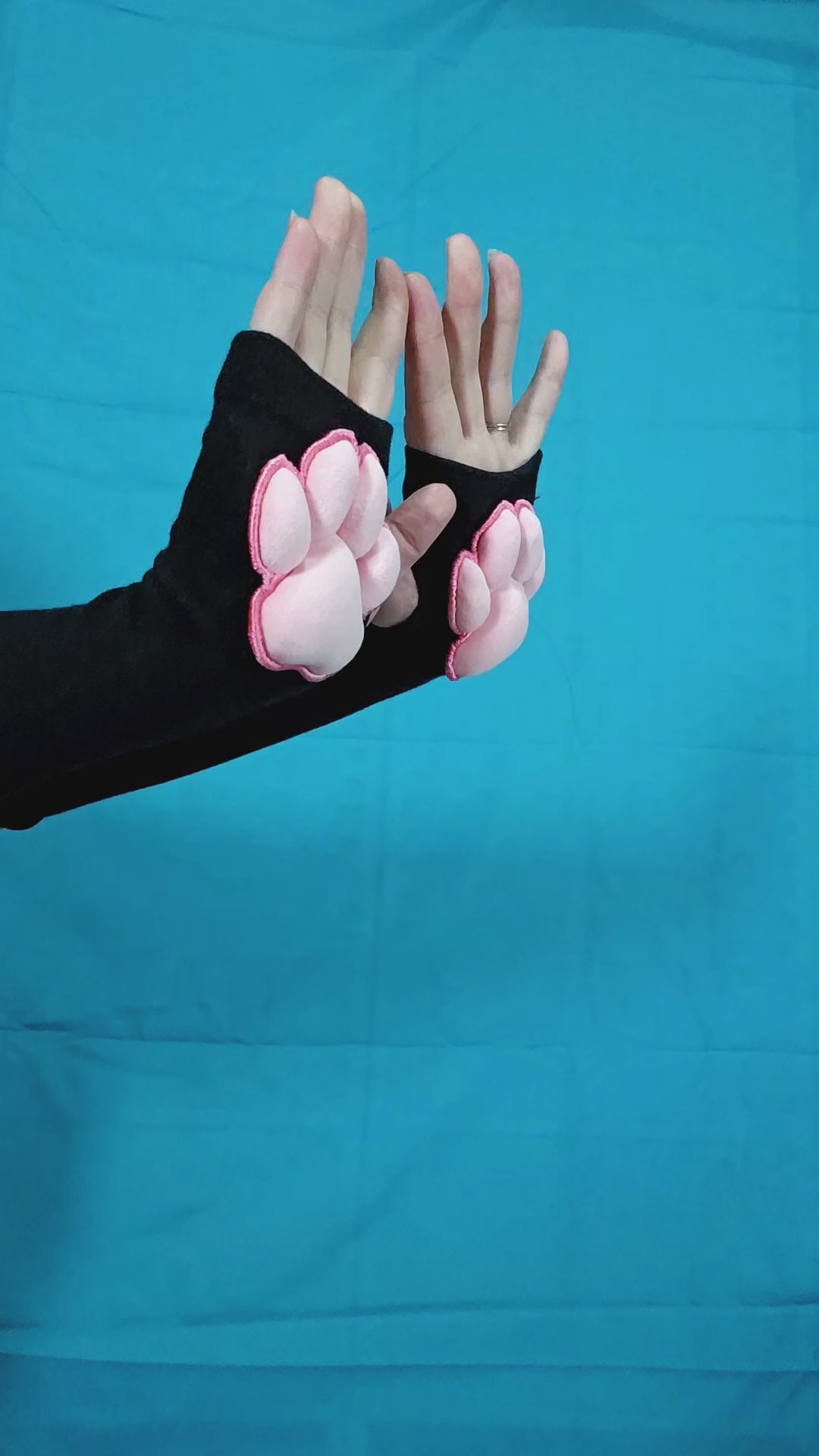 Pink Plush Paw Pads on Black Gloves