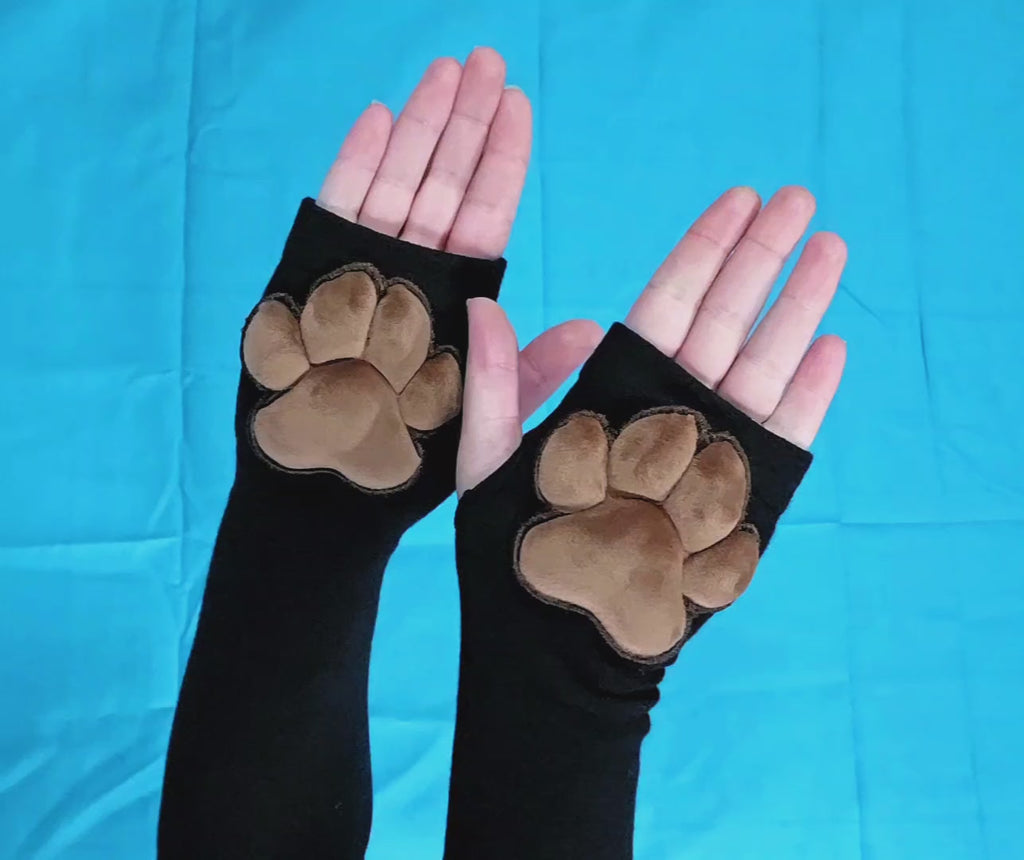 Brown Mochi Stuffed Cat Plush Pawpads on Black Fingerless Gloves