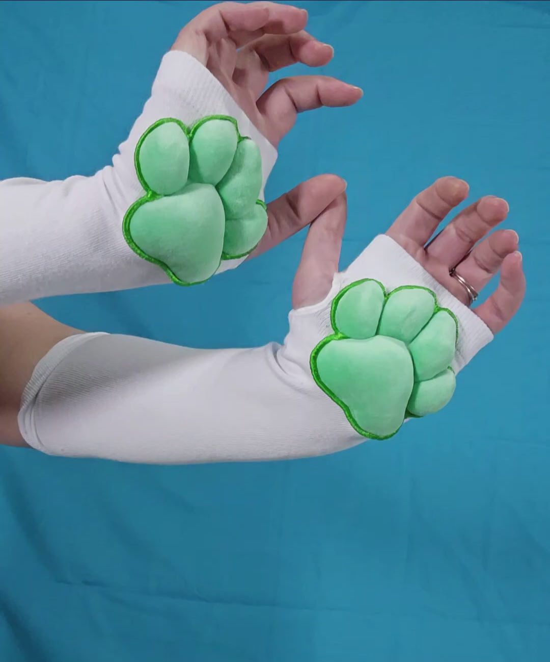 Green Plush Paw Pads on White Fingerless Gloves for Cosplay Furry