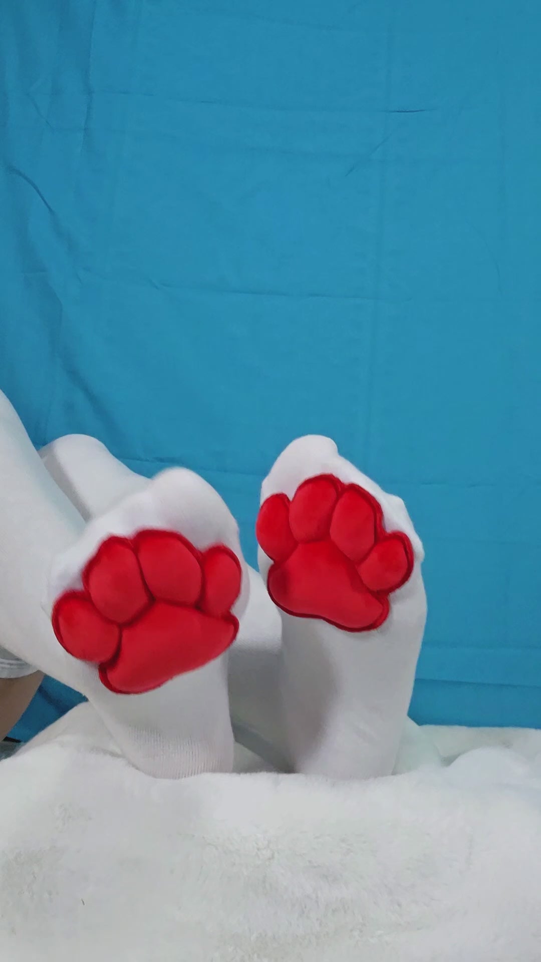 Red Mochi Stuffed Cat Paw Pad on White Thigh High Socks for Cosplay