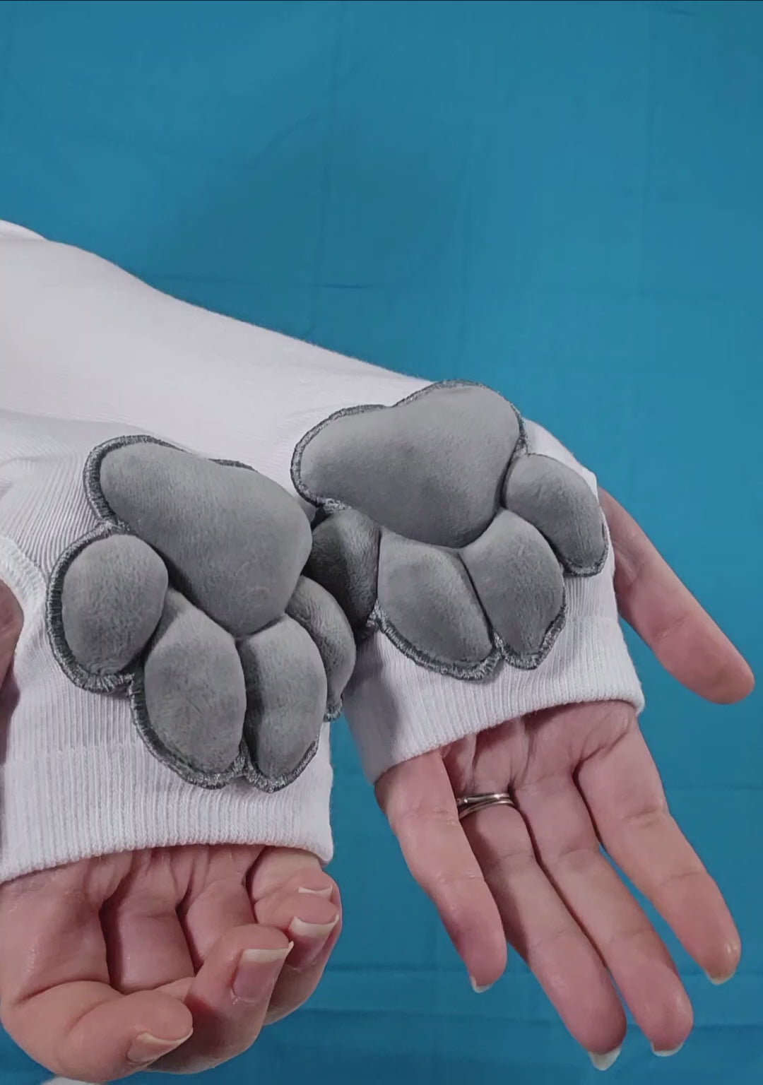 Grey Plush Paw Pads on White Fingerless Gloves for Cosplay Furry